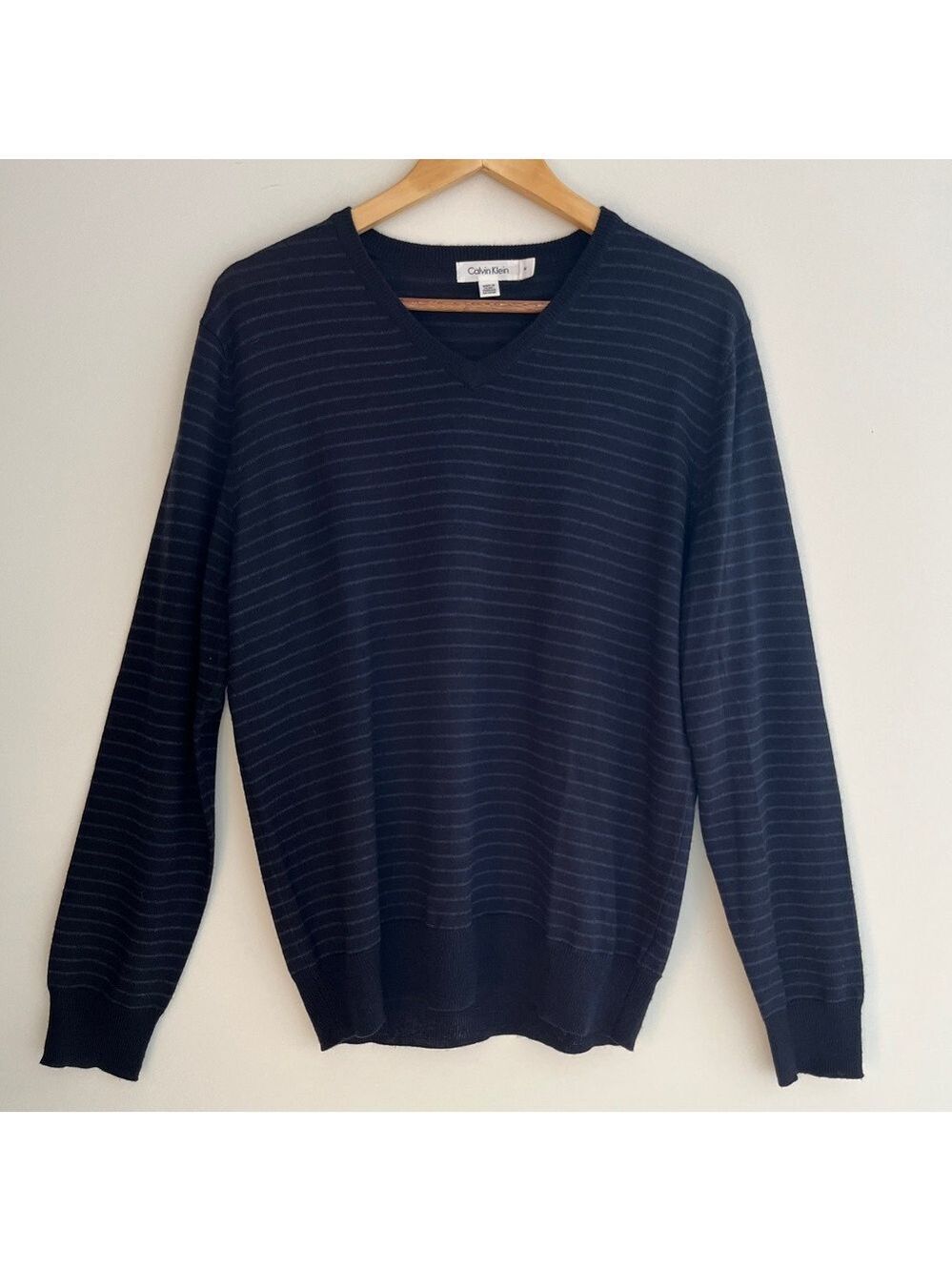 CALVIN KLEIN V Neck Pullover Merino Blend Sweater Stripes Preppy Casual Office